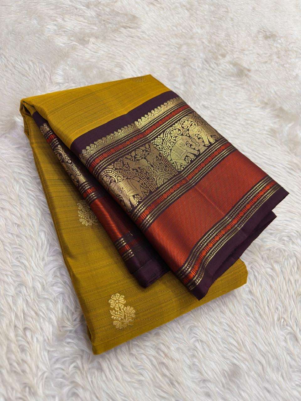 Mustard Handwoven Pure Silk Kanchipuram Saree with Varisaipet Vanasringaram Border