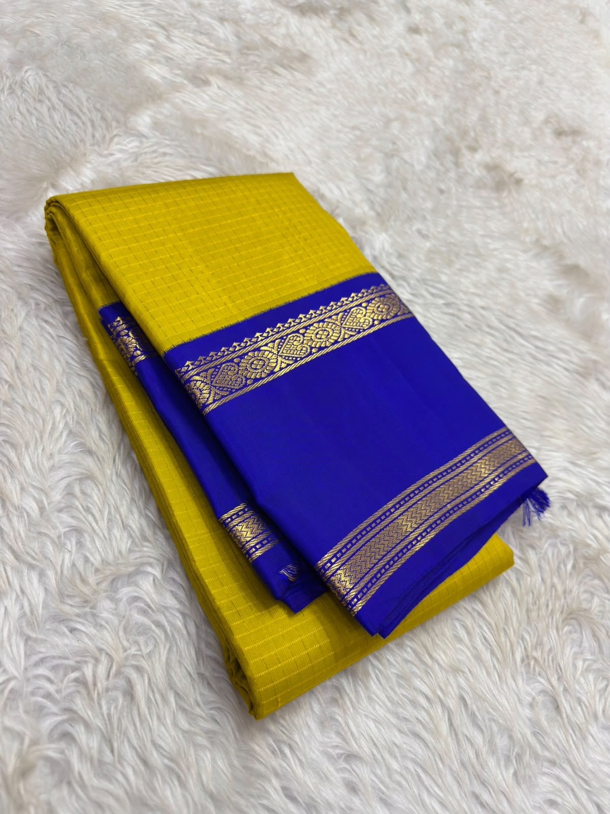 Mustard royal blue Kanchipuram silk saree with zari kattam and korvai rettapet border — Idam Living