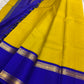 Royal blue pallu with layered gold zari bands on mustard KanchiPattu korvai silk saree — Idam Living