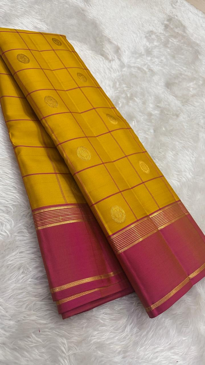 Mustard Yellow pure silk Kanchipuram saree — checked