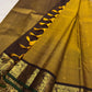 Mustard Yellow Handwoven Pure Silk Kanjivaram Zari Kattam Saree with Coffee Brown Peacock Border – silk fabric close-up