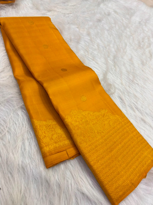 Canary Yellow handwoven pure silk Kanjeevaram saree with floral butta motifs — full saree overview — Idam Living