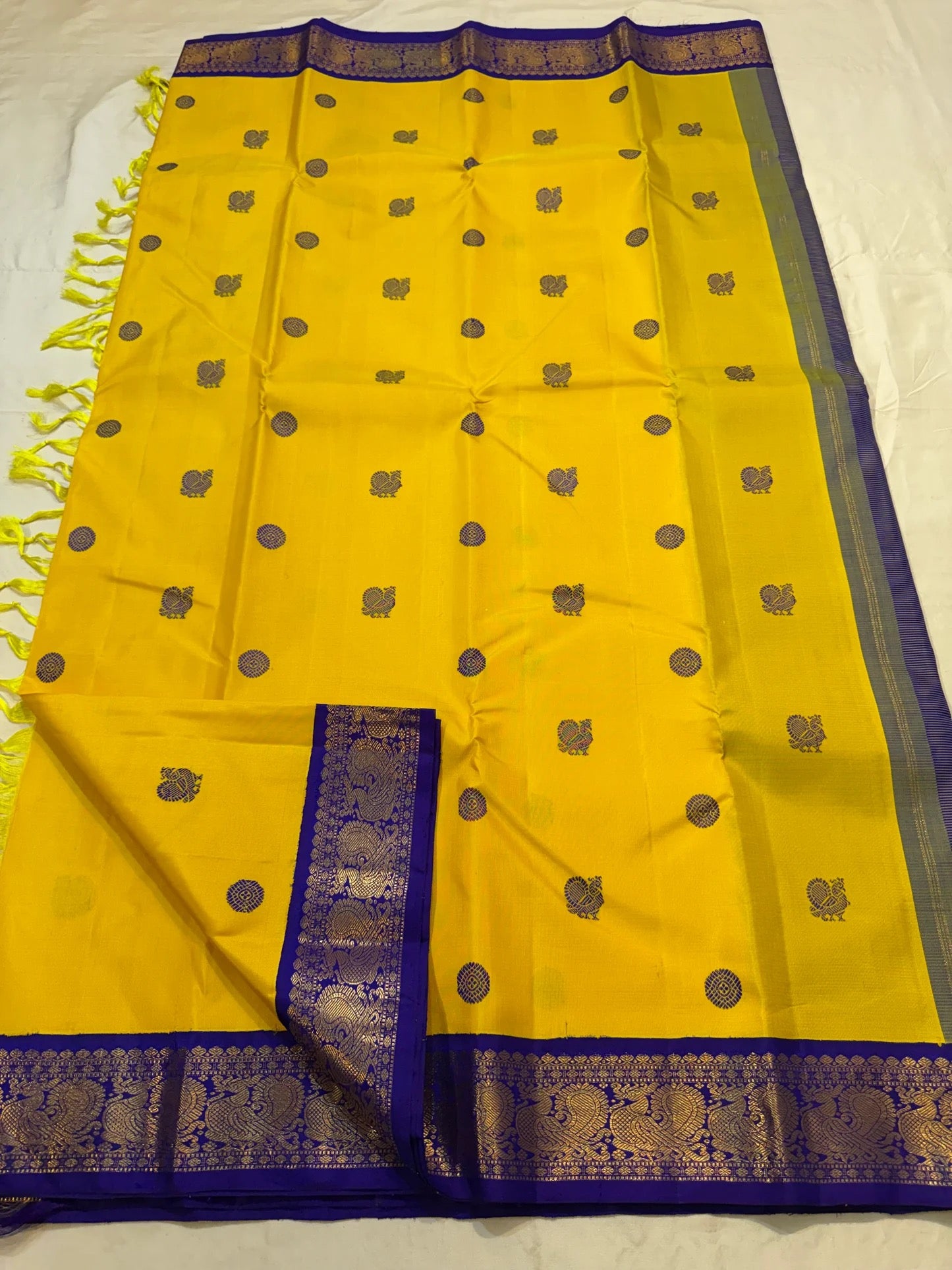 Silk thread mayil and kamalam butta in navy purple on mustard yellow Kancheepuram silk saree — Idam Living