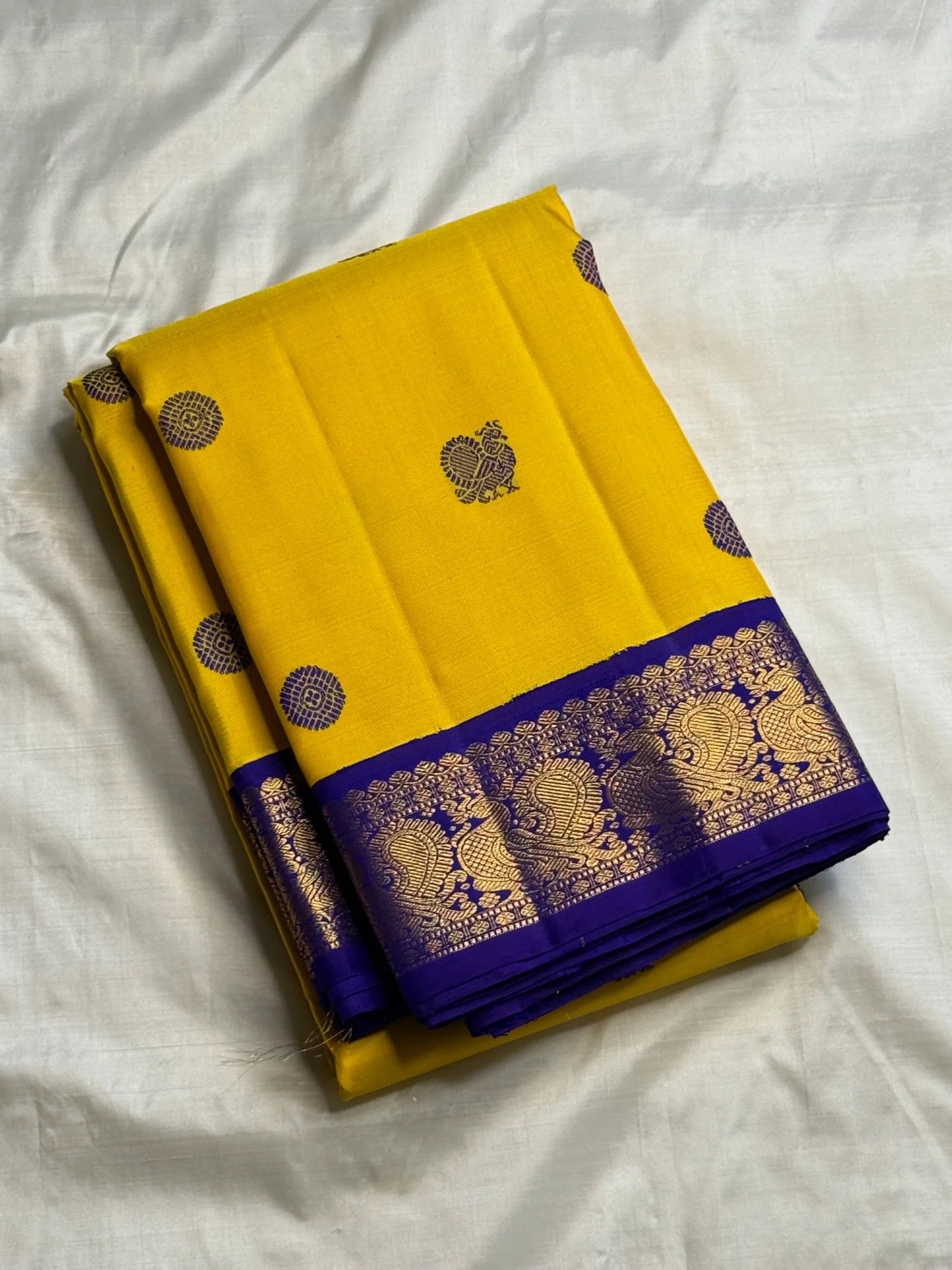 Rich gold zari vanasringaram pallu on mustard yellow Kancheepuram pure silk saree — Idam Living