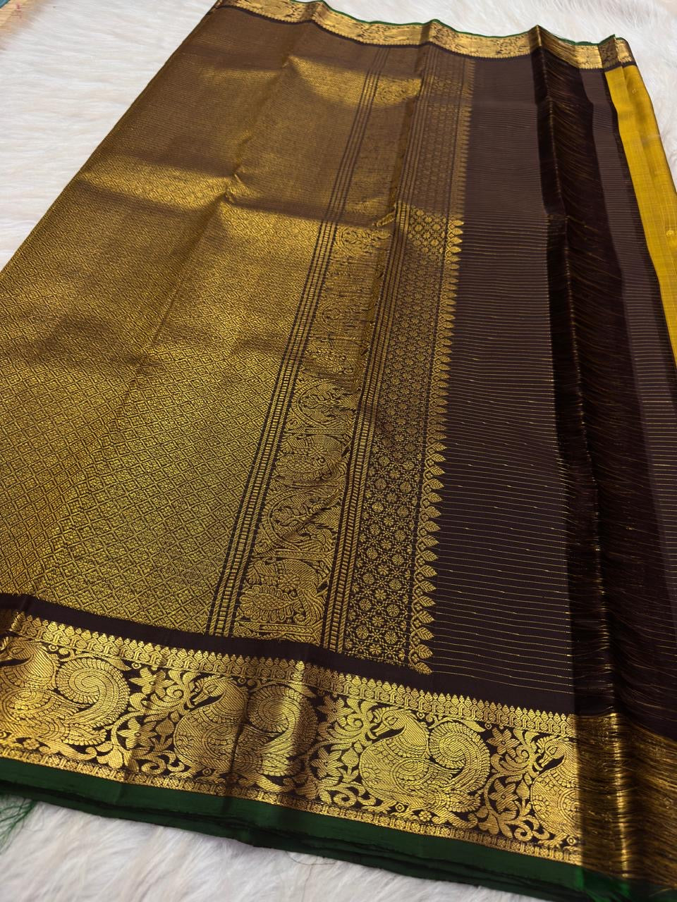 Mustard Yellow Handwoven Pure Silk Kanjivaram Zari Kattam Saree with Coffee Brown Peacock Border – butta motif detail