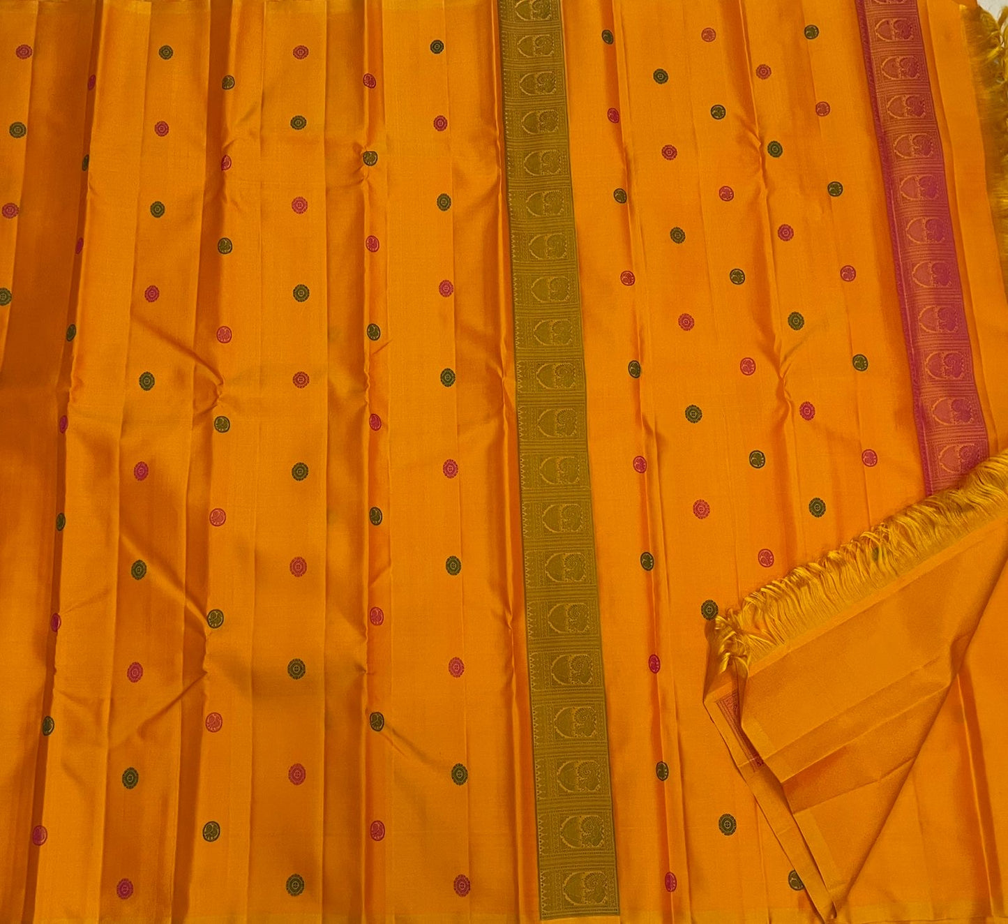 Pattupet border on mustard yellow handwoven Kanchipuram pure silk saree — Idam Living