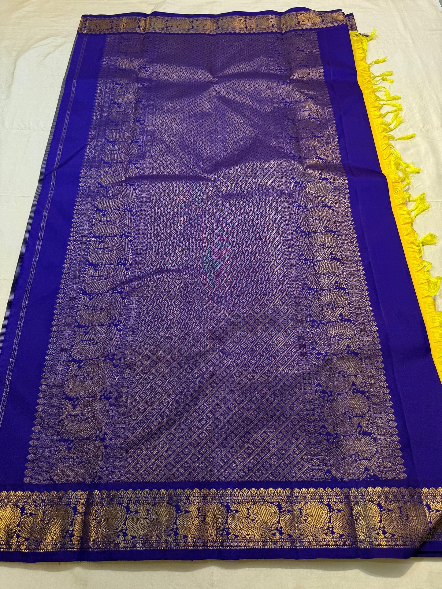 Royal blue korvai border with gold zari vanasringaram motifs on mustard yellow Kanchipuram saree — Idam Living