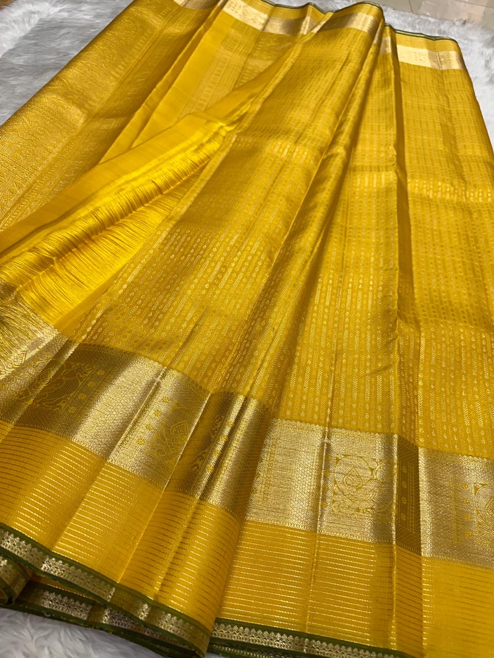 Dense all-over zari kattam gold zari body on canary yellow Kanjeevaram pure silk saree — Idam Living