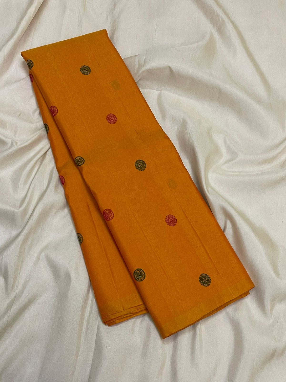 Pallu of mustard yellow handwoven Kanchipuram silk saree with pattupet border — Idam Living