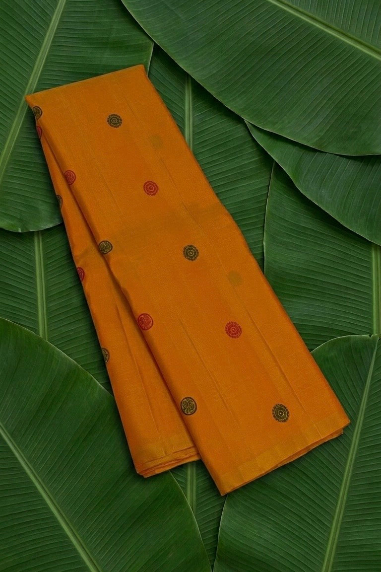 Mustard yellow handwoven Kanchipuram pure silk saree with multi-colour silk thread butta and pattupet border — Idam Living
