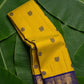 Mustard yellow handwoven Kanchipuram pure silk saree with silk thread mayil butta and royal blue korvai border — Idam Living