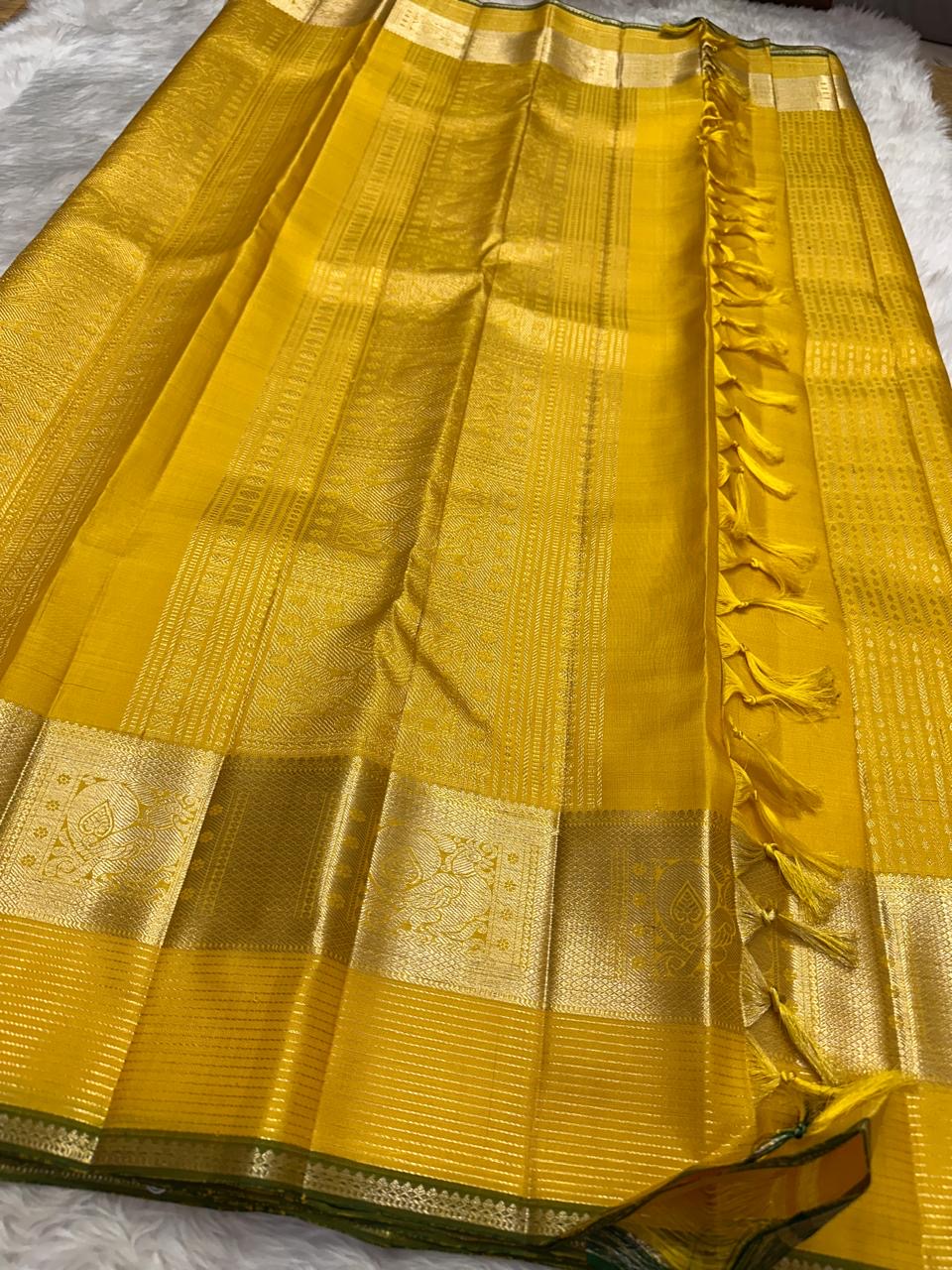 Forest green korvai border on canary yellow Kanjeevaram pure silk saree — Idam Living