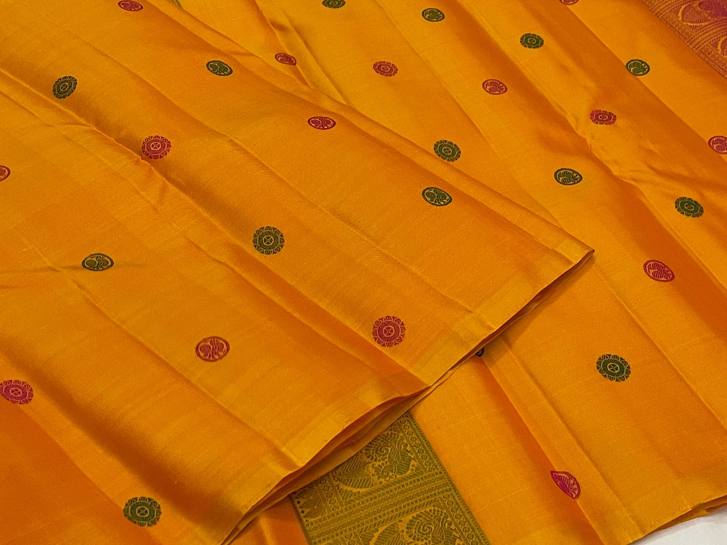 Multi-colour silk thread butta in crimson and green on mustard yellow Kanjeevaram silk saree — Idam Living