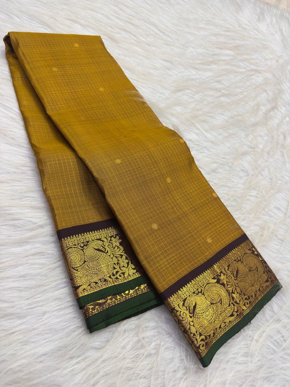 Mustard Yellow Handwoven Pure Silk Kanjivaram Zari Kattam Saree with Coffee Brown Peacock Border – front full drape view