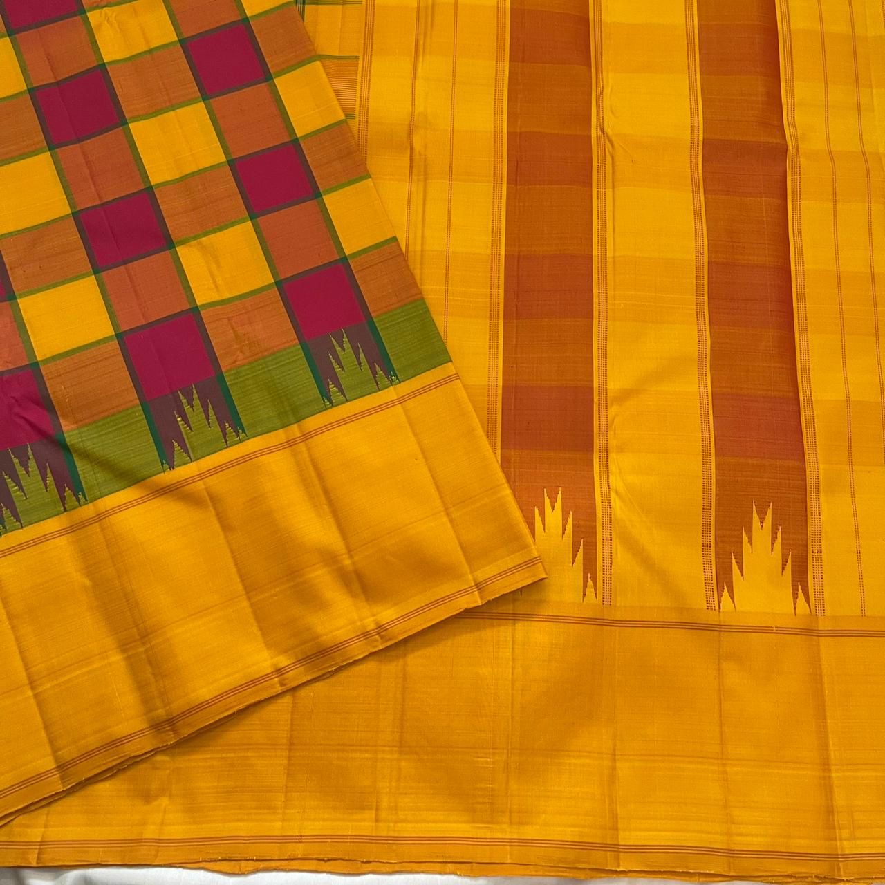Mustard Yellow and Magenta Handwoven Pure Silk Kanjivaram Saree with Multicolour Kanchi Kattam Check Body