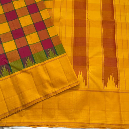 Mustard Yellow and Magenta Handwoven Pure Silk Kanjivaram Saree with Multicolour Kanchi Kattam Check Body