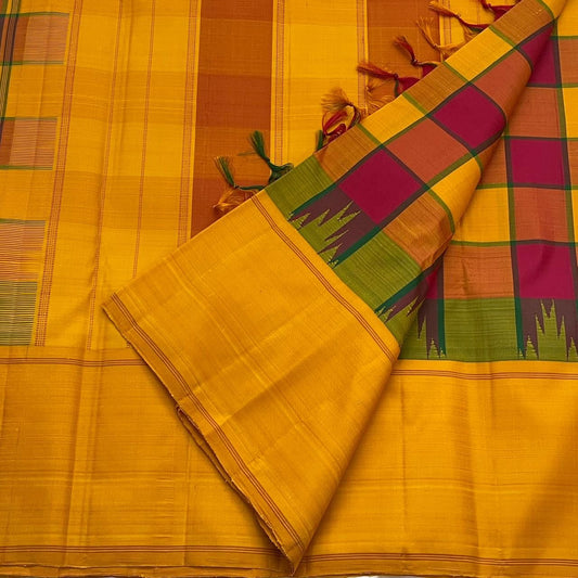 Mustard Yellow and Magenta Handwoven Pure Silk Kanjivaram Saree with Multicolour Kanchi Kattam Check Body