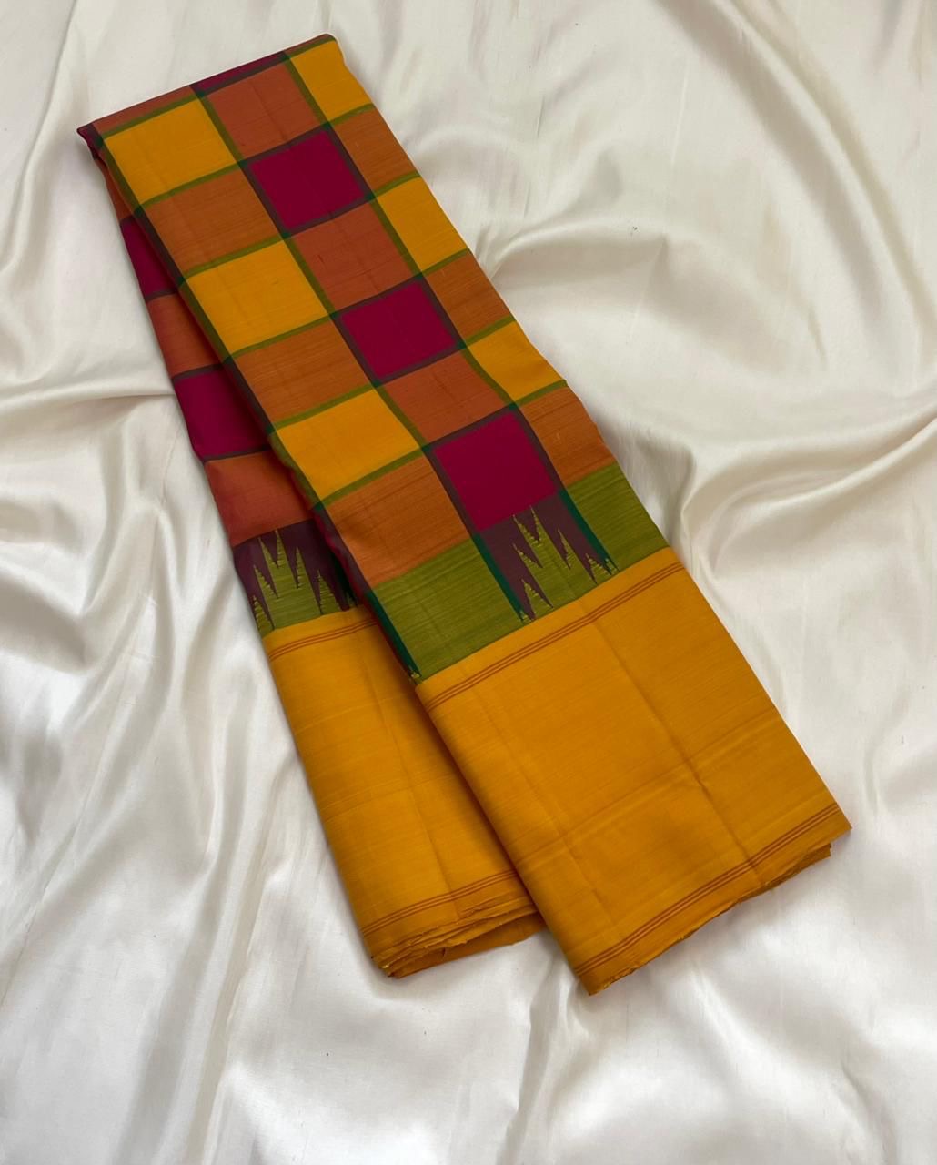 Mustard Yellow and Magenta Handwoven Pure Silk Kanjivaram Saree with Multicolour Kanchi Kattam Check Body