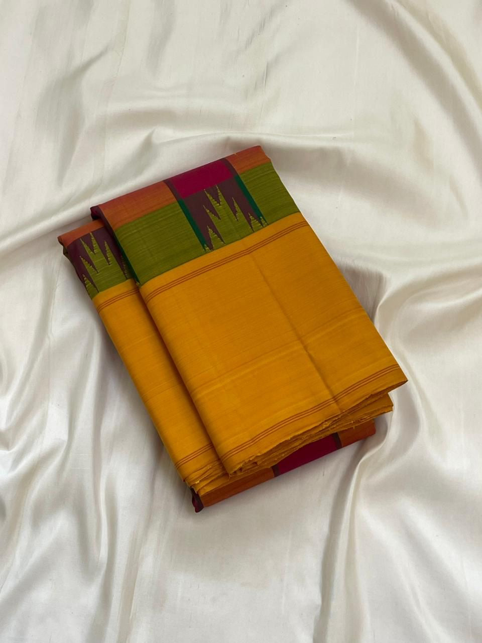 Mustard Yellow and Magenta Handwoven Pure Silk Kanjivaram Saree with Multicolour Kanchi Kattam Check Body