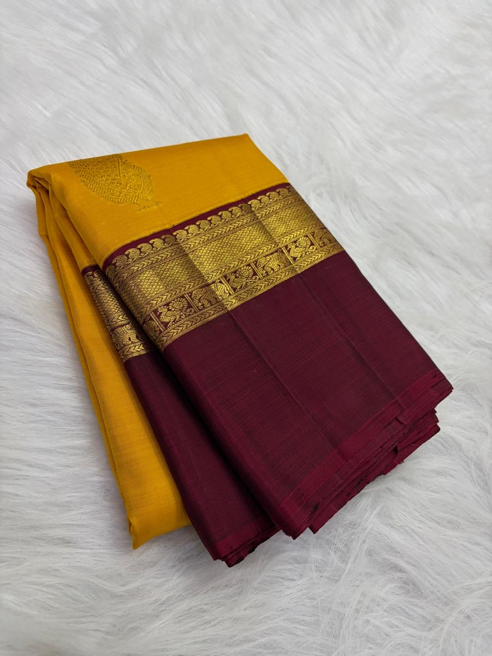Mustard Yellow pure silk Kanchipuram saree — maroon butta