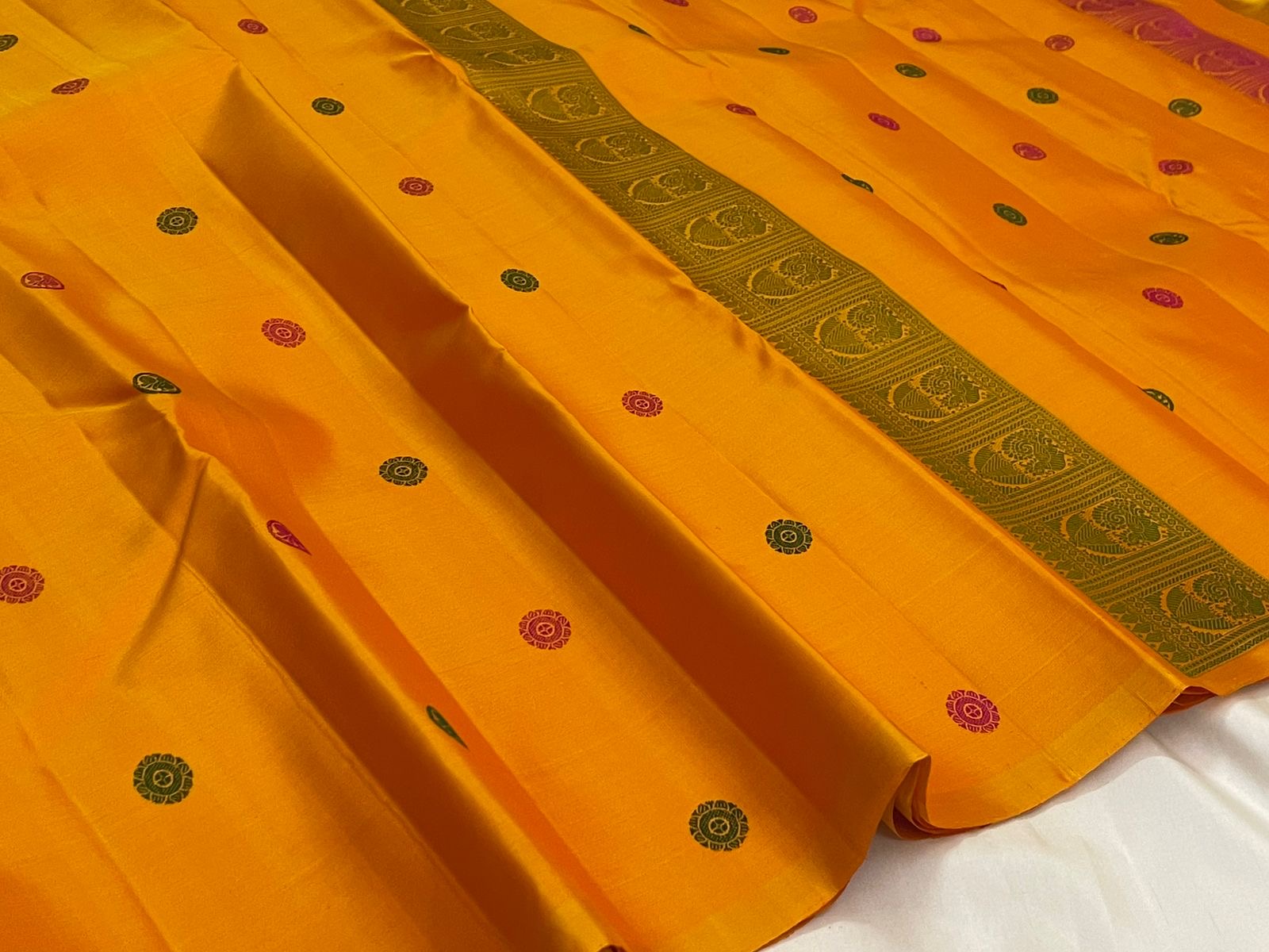 Body detail of mustard yellow pure silk Kanchipuram saree with silk thread butta — Idam Living