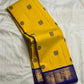 Full view of mustard yellow handwoven Kanchipuram silk saree with silk thread mayil butta and korvai border — Idam Living