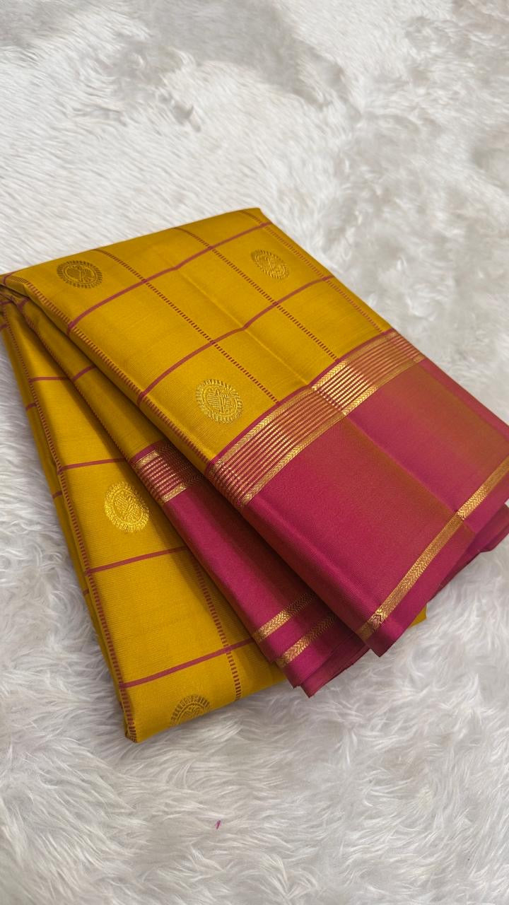 Mustard Yellow pure silk Kanchipuram saree — rose pink lightweight