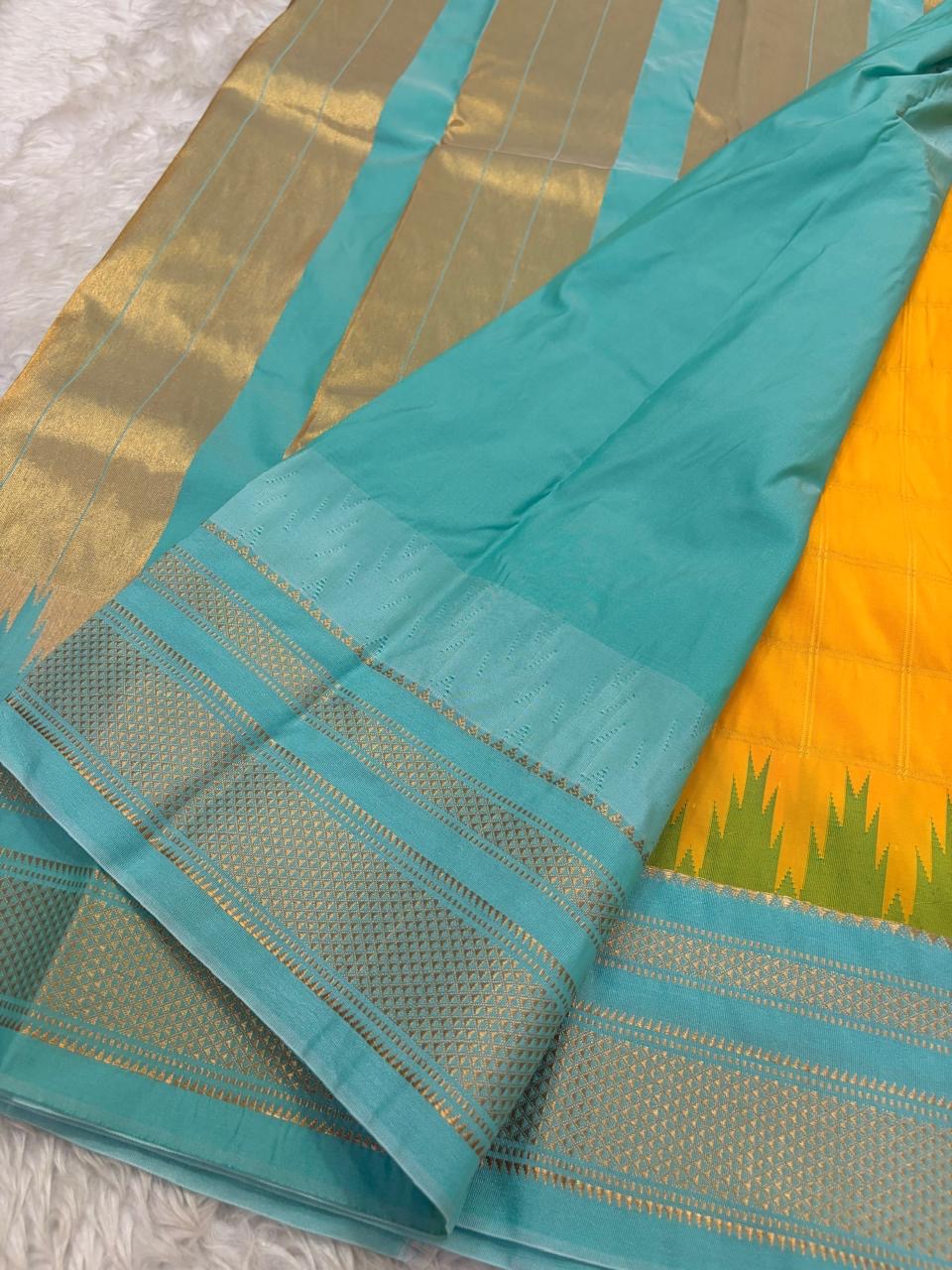 Golden Mustard Lightweight Pure Silk Kanchipuram Silk Thread Kattam Saree with Turquoise Blue Border