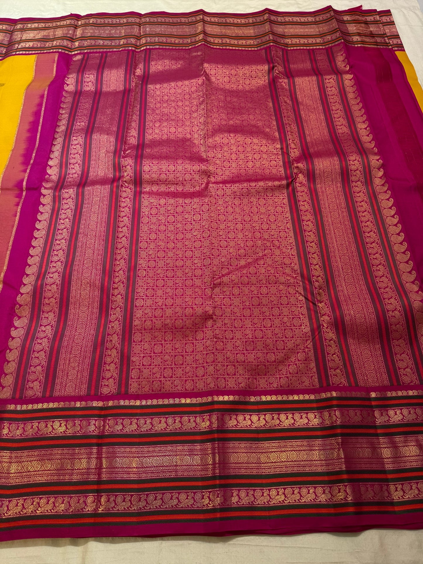 Mustard Yellow Handwoven Pure Silk Kanchipuram Saree with Pink Varisaipet Border