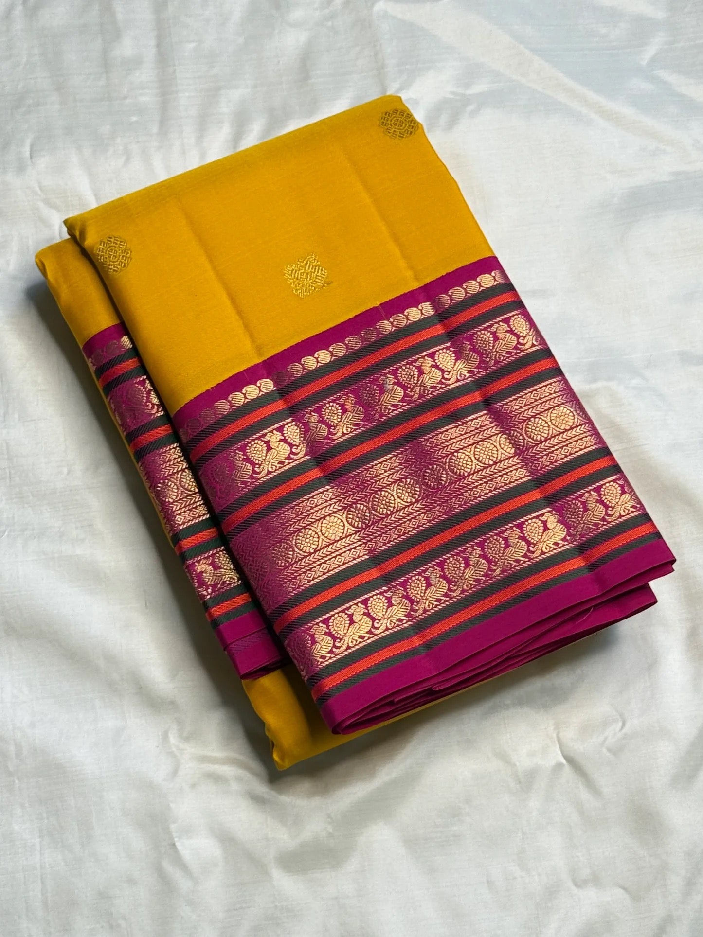 Mustard Yellow Handwoven Pure Silk Kanchipuram Saree with Pink Varisaipet Border
