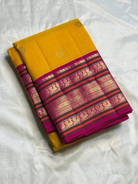 Mustard Yellow Handwoven Pure Silk Kanchipuram Saree with Pink Varisaipet Border