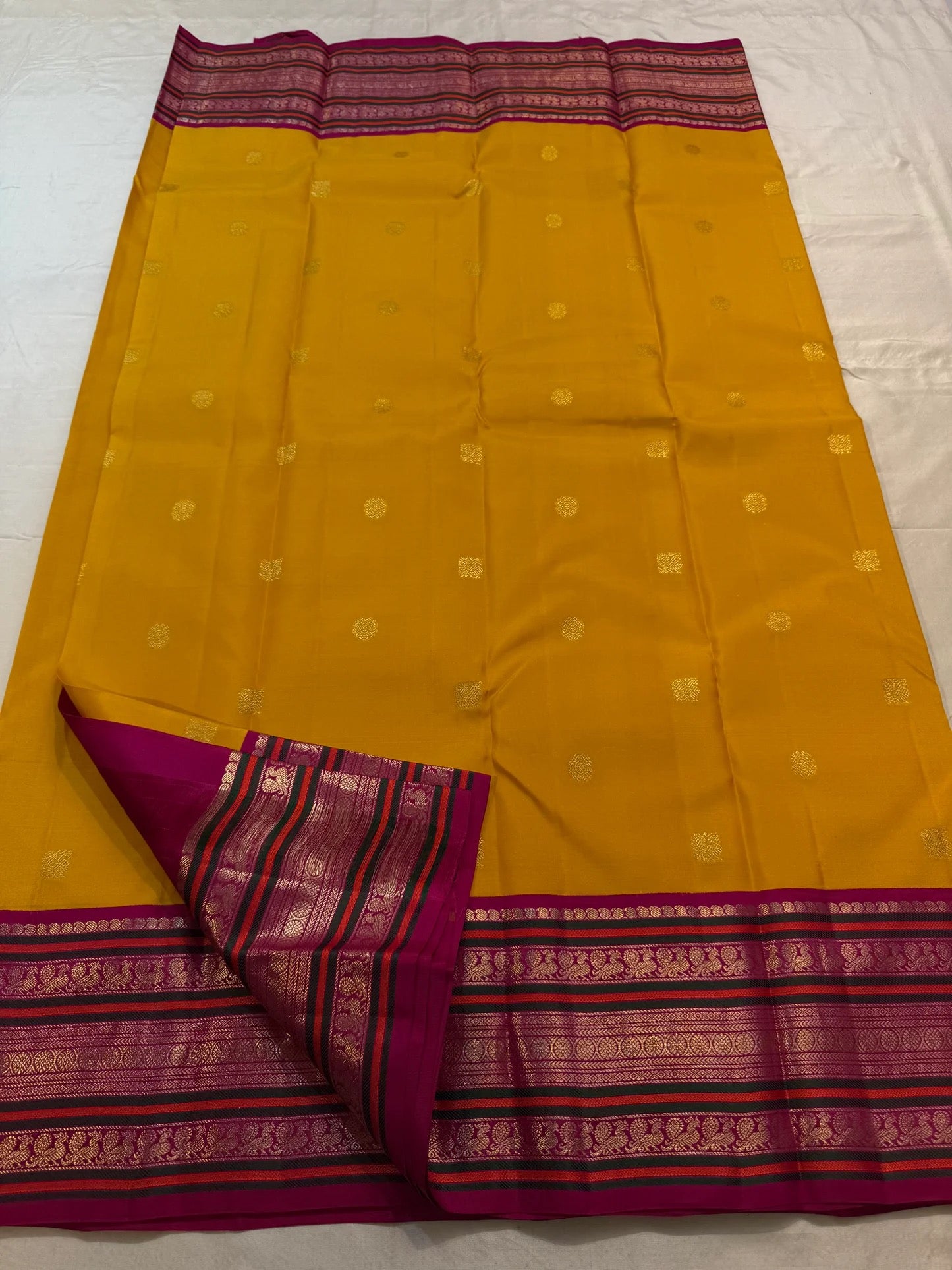 Mustard Yellow Handwoven Pure Silk Kanchipuram Saree with Pink Varisaipet Border