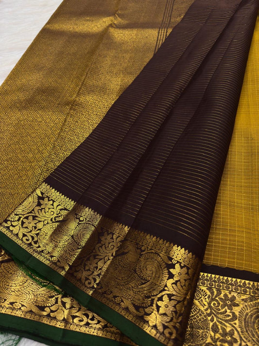 Mustard Yellow Handwoven Pure Silk Kanjivaram Zari Kattam Saree with Coffee Brown Peacock Border – silk body weave close-up