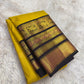 Mustard yellow Zari Kattam pure silk Kanjipuram saree with black Varisaipet border — full overview, Idam Living