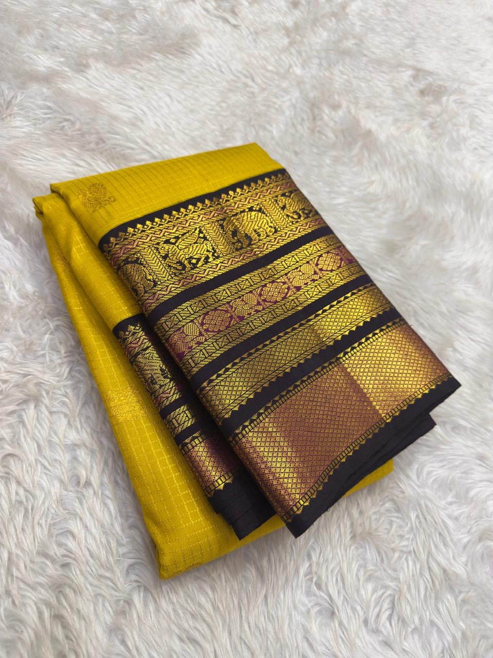 Mustard yellow Zari Kattam pure silk Kanjipuram saree with black Varisaipet border — full overview, Idam Living