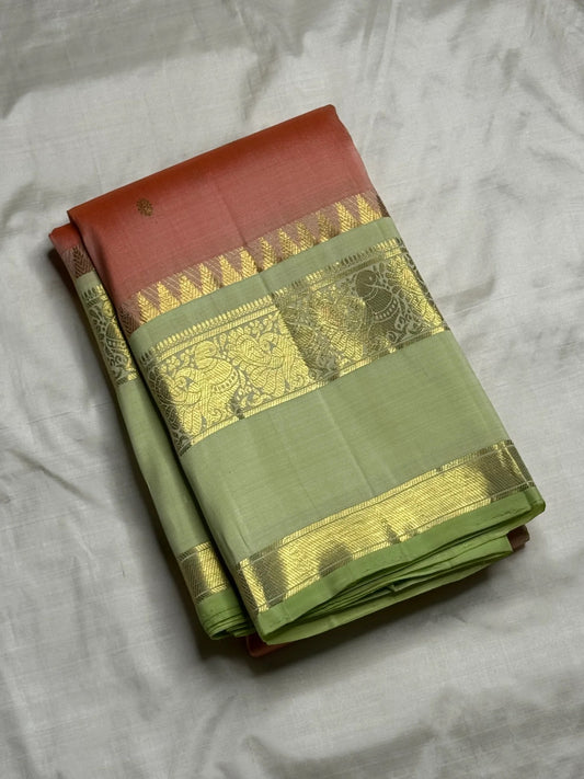 Golden peach Kancheepuram silk saree with gold zari floral butta on warm peach body — Idam Living