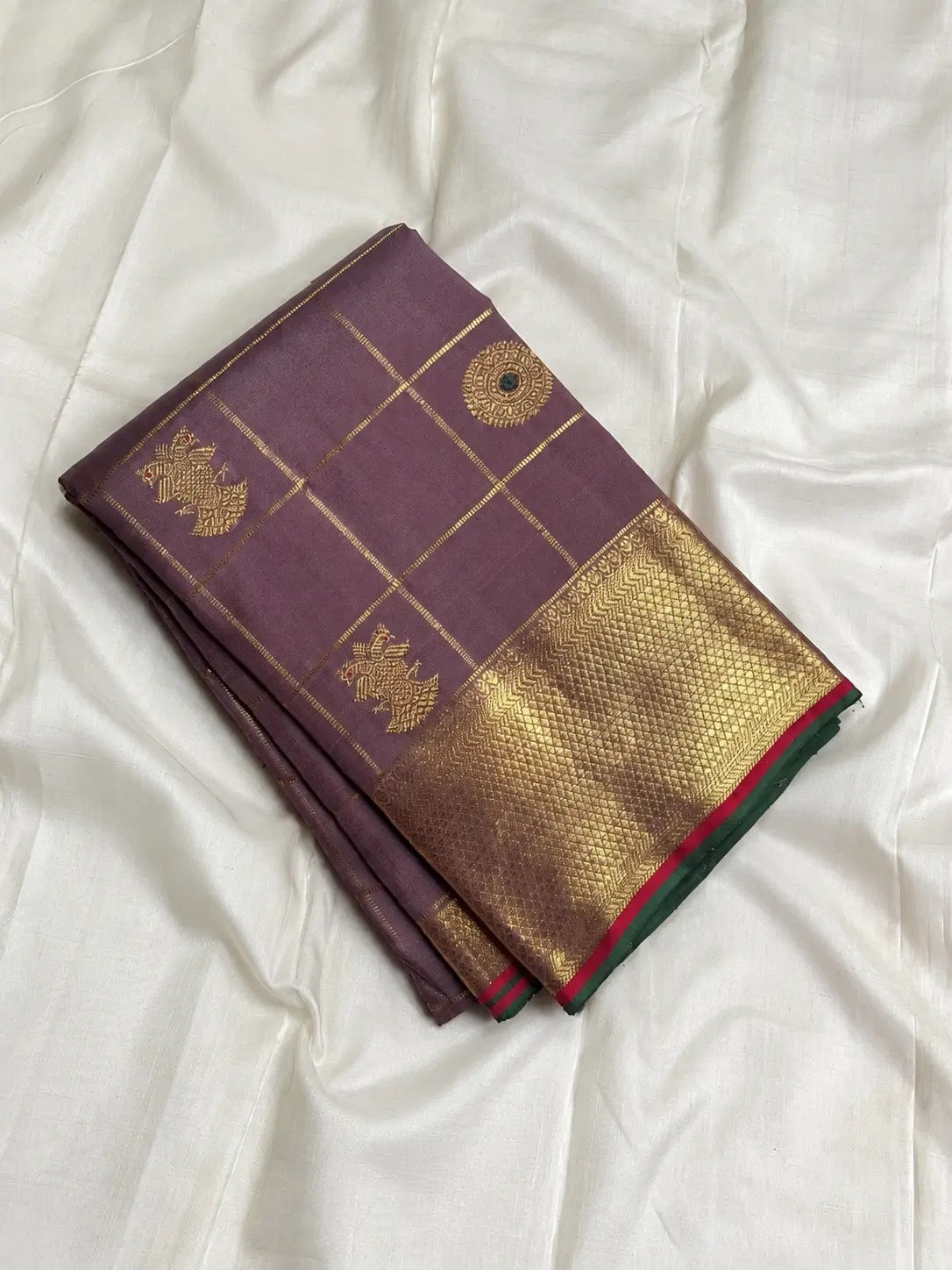 Muted Mauve Brown pure silk Kanjivaram Zari Kattam saree with antique-gold checked zari body.