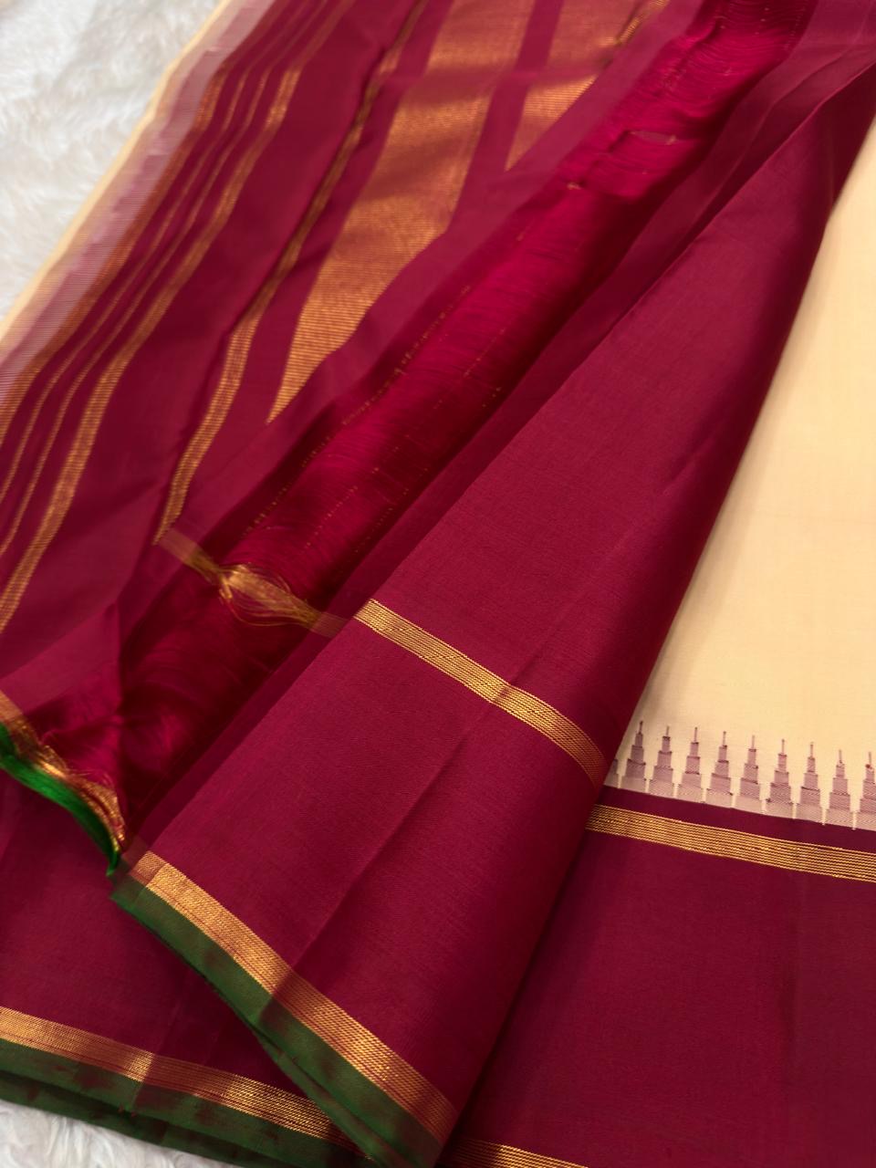 Natural Wheat and Deep Red Handwoven Pure Silk Kanjivaram Saree with Korvai Pillayar Reku Border