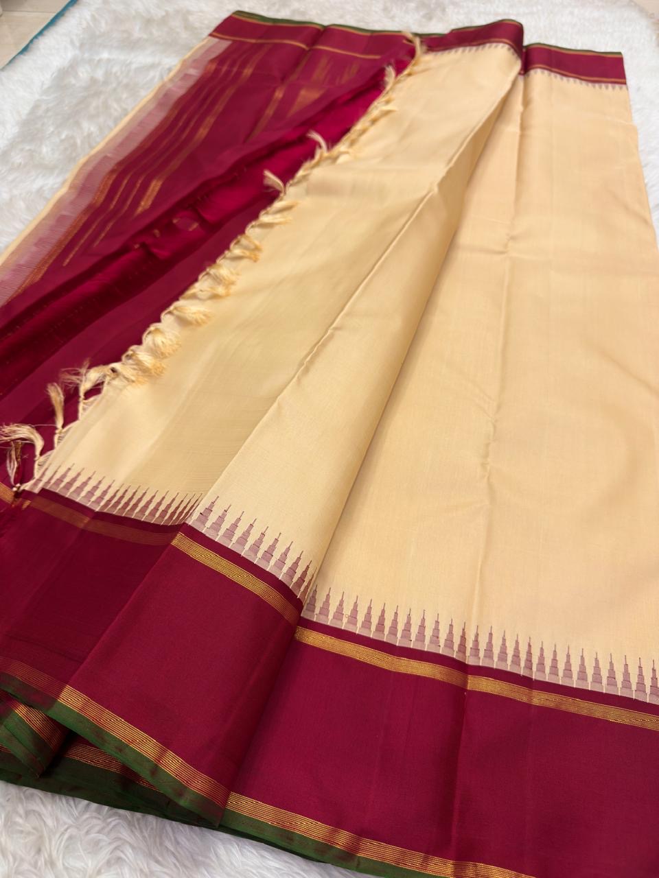 Natural Wheat and Deep Red Handwoven Pure Silk Kanjivaram Saree with Korvai Pillayar Reku Border