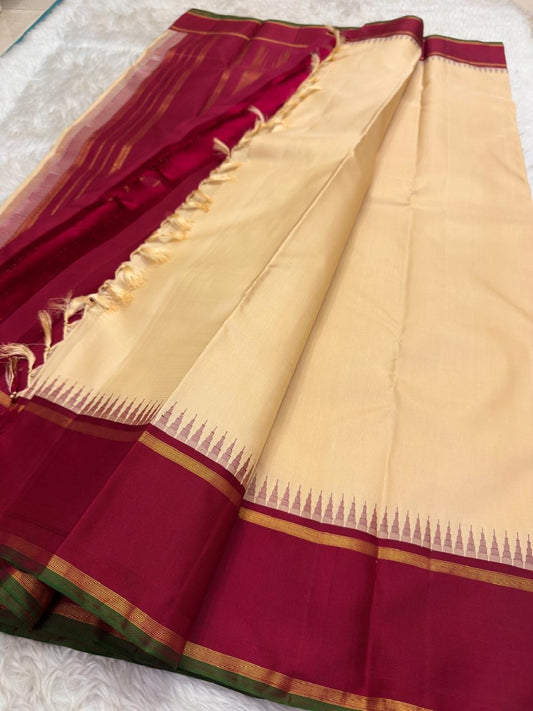 Natural Wheat and Deep Red Handwoven Pure Silk Kanjivaram Saree with Korvai Pillayar Reku Border