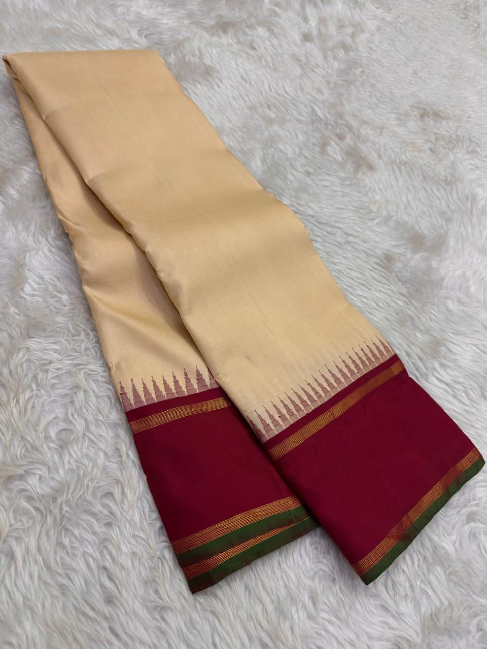 Natural Wheat and Deep Red Handwoven Pure Silk Kanjivaram Saree with Korvai Pillayar Reku Border