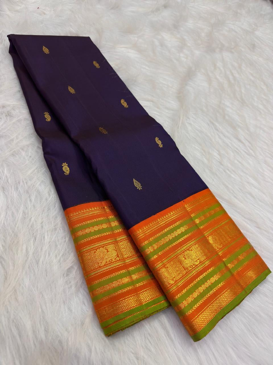 Naval Pazham purple pure silk KanchiPattu Korvai saree, full drape — Idam Living