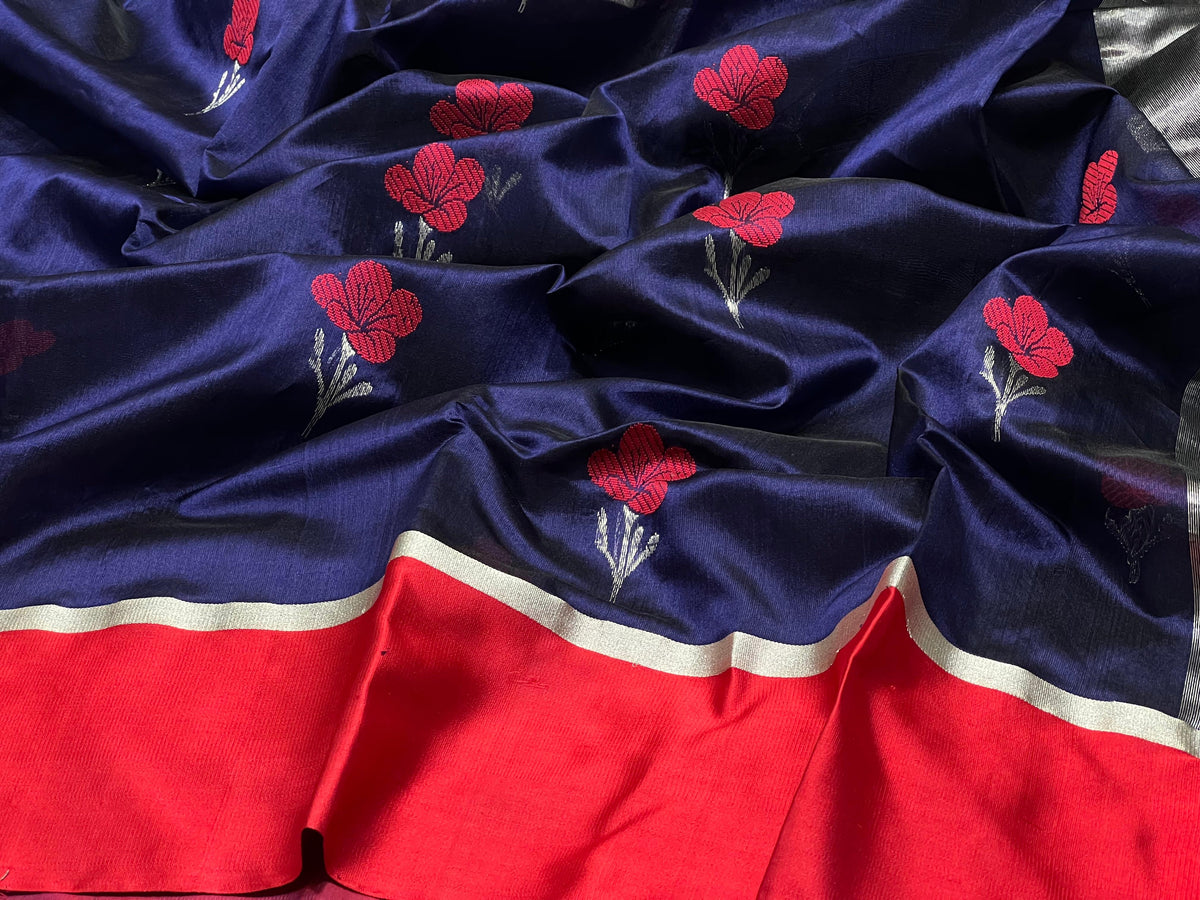 Neelam blue Chanderi saree with red floral buttas