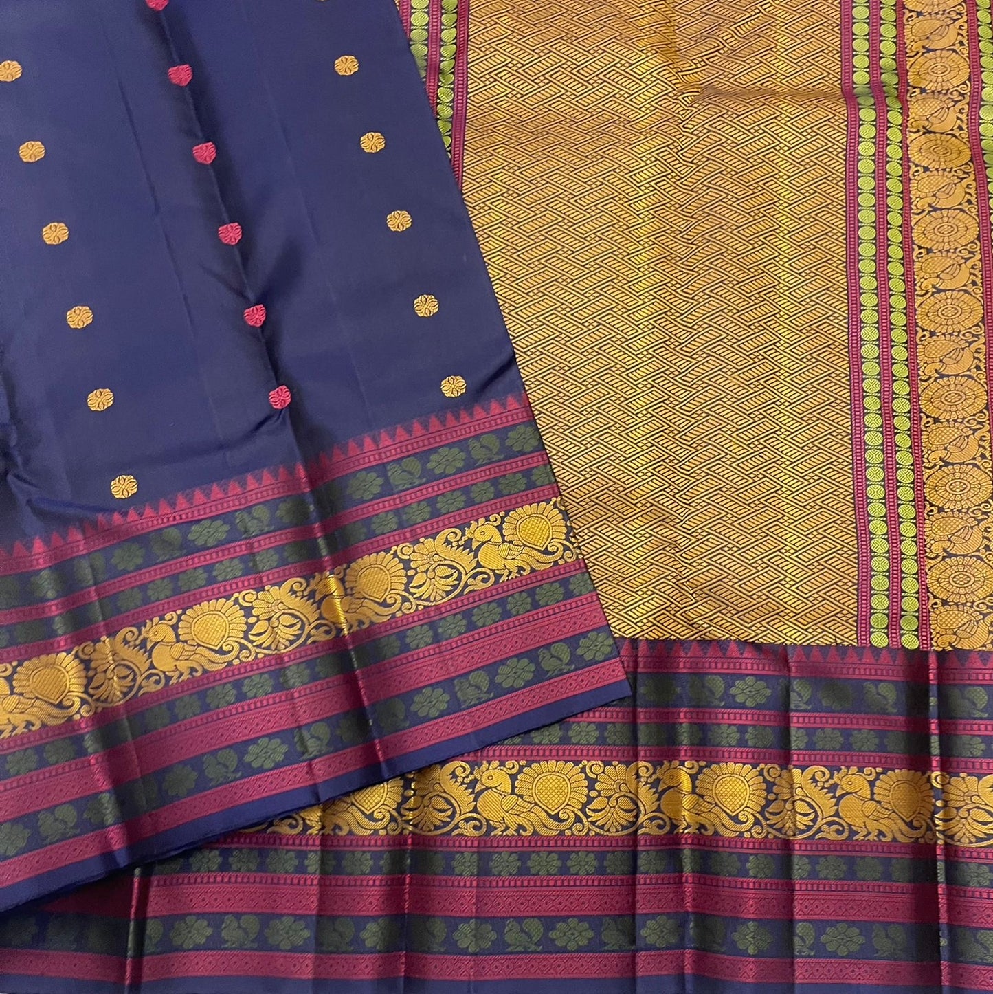 Rich multi-colour pattupet pallu in gold zari on navy blue Kancheepuram silk saree — Idam Living