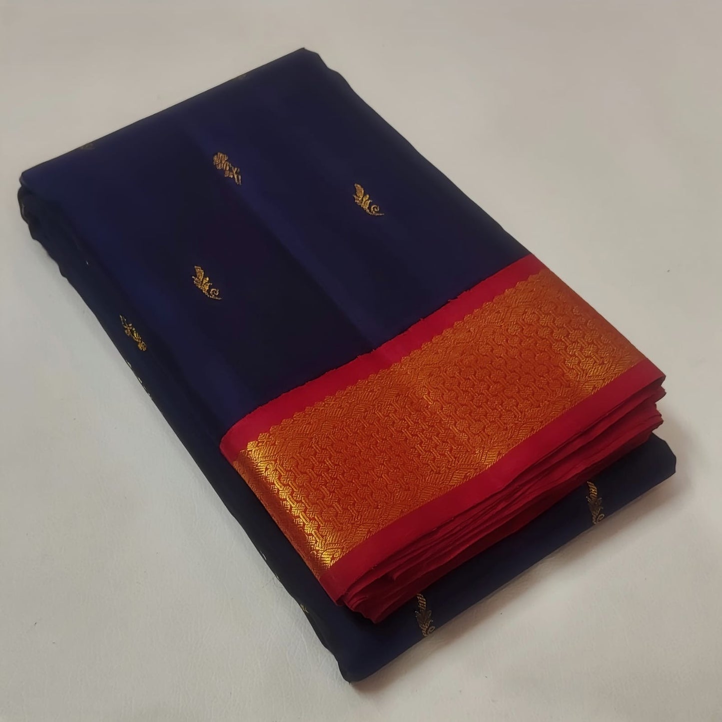 Navy Blue Handwoven Pure Silk Kanjivaram Saree with Vermilion Red Korvai Border