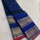 Deep Navy Blue Handwoven Pure Silk Kanchipuram Saree with Rettapet Mayil Zari Border and Orange-Red Selvedge