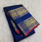 Deep Navy Blue Handwoven Pure Silk Kanchipuram Saree with Rettapet Mayil Zari Border and Orange-Red Selvedge