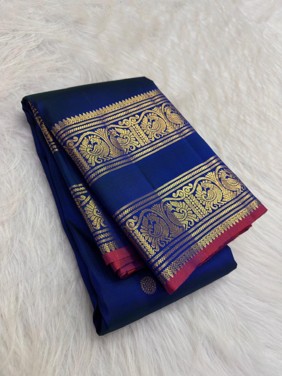 Deep Navy Blue Handwoven Pure Silk Kanchipuram Saree with Rettapet Mayil Zari Border and Orange-Red Selvedge