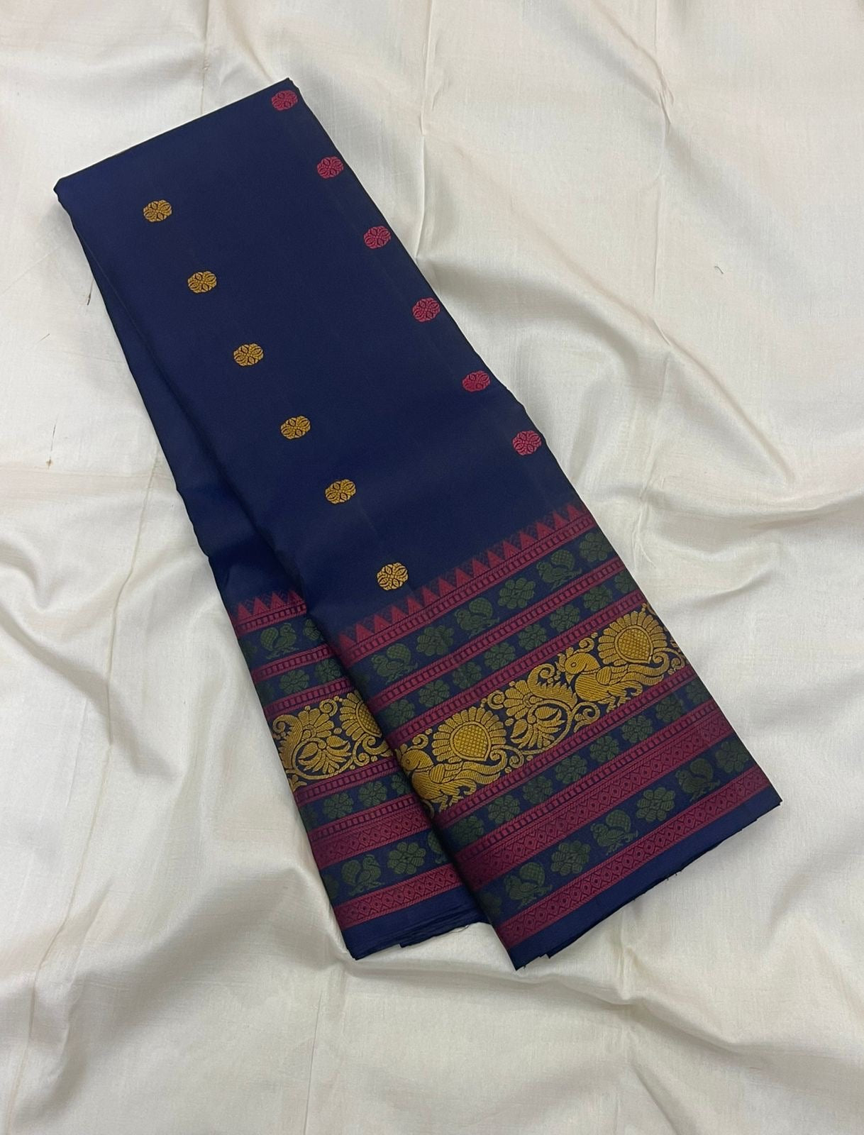 Multi-colour pattupet border with crimson teal and gold zari on navy blue Kanchipuram silk saree — Idam Living