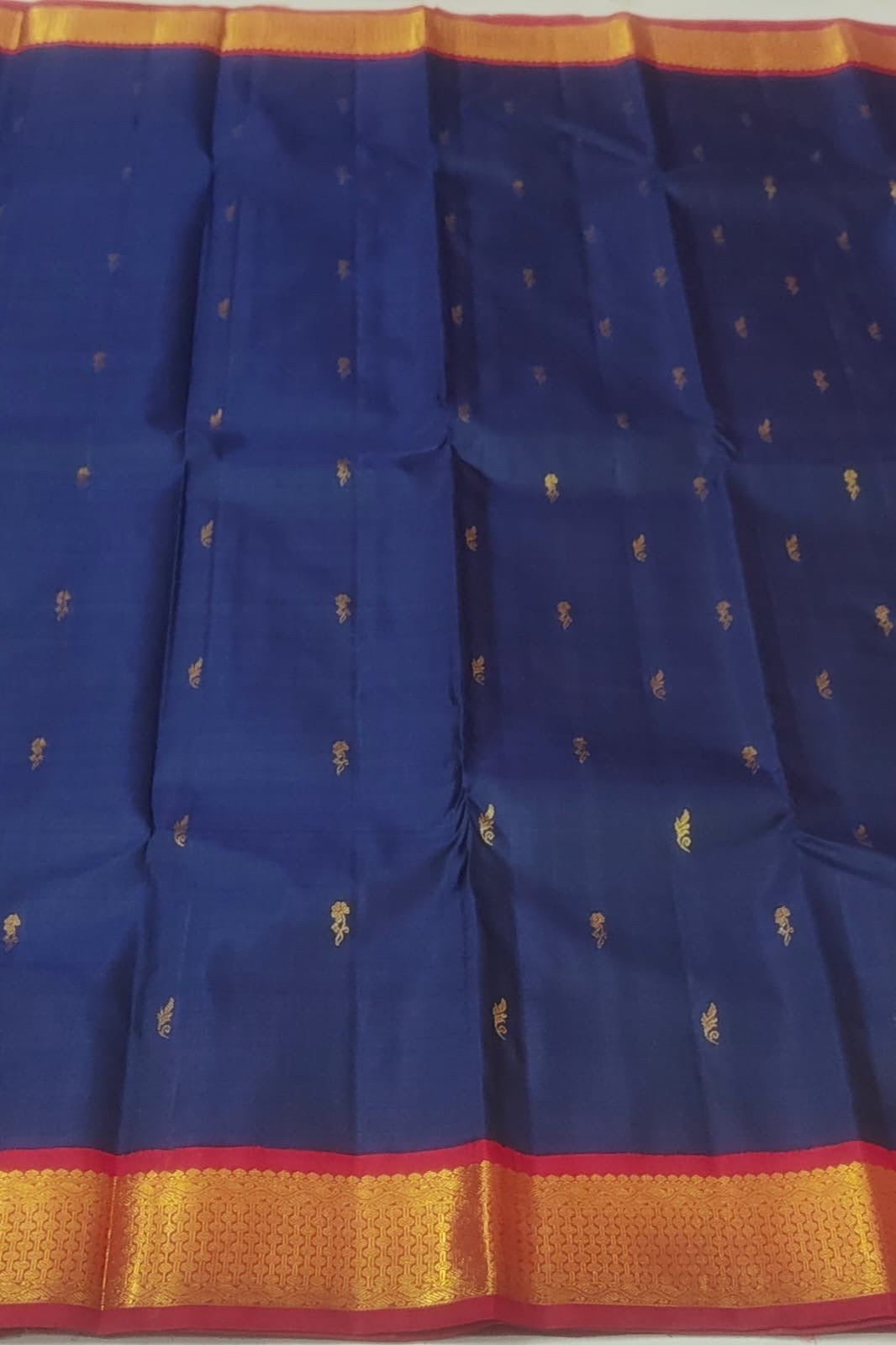 Navy Blue Handwoven Pure Silk Kanjivaram Saree with Vermilion Red Korvai Border